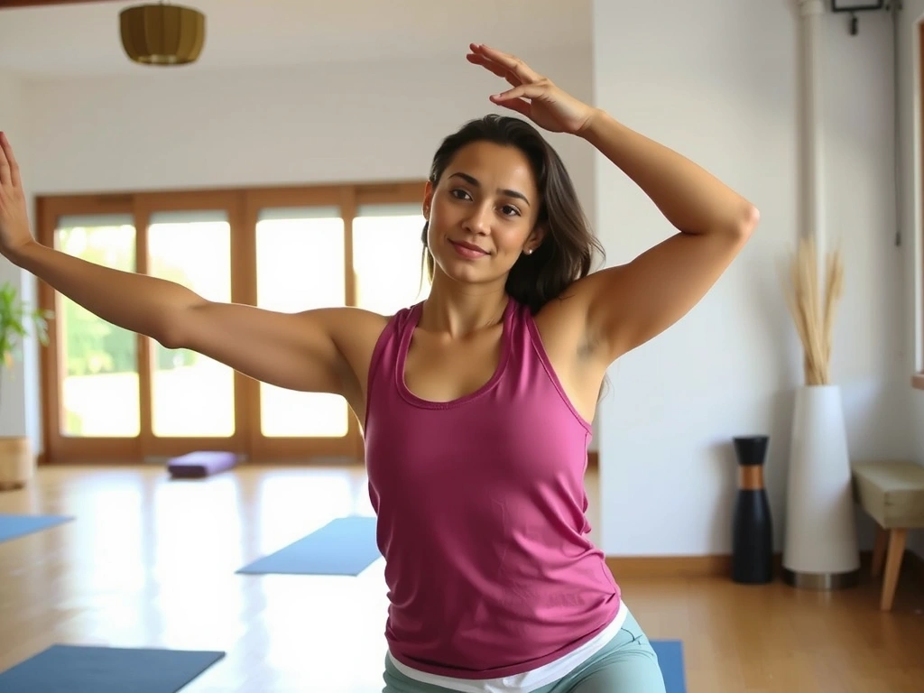 A person practicing a balanced tree pose in a sunlit yoga studio, demonstrating focus and inner peace.
