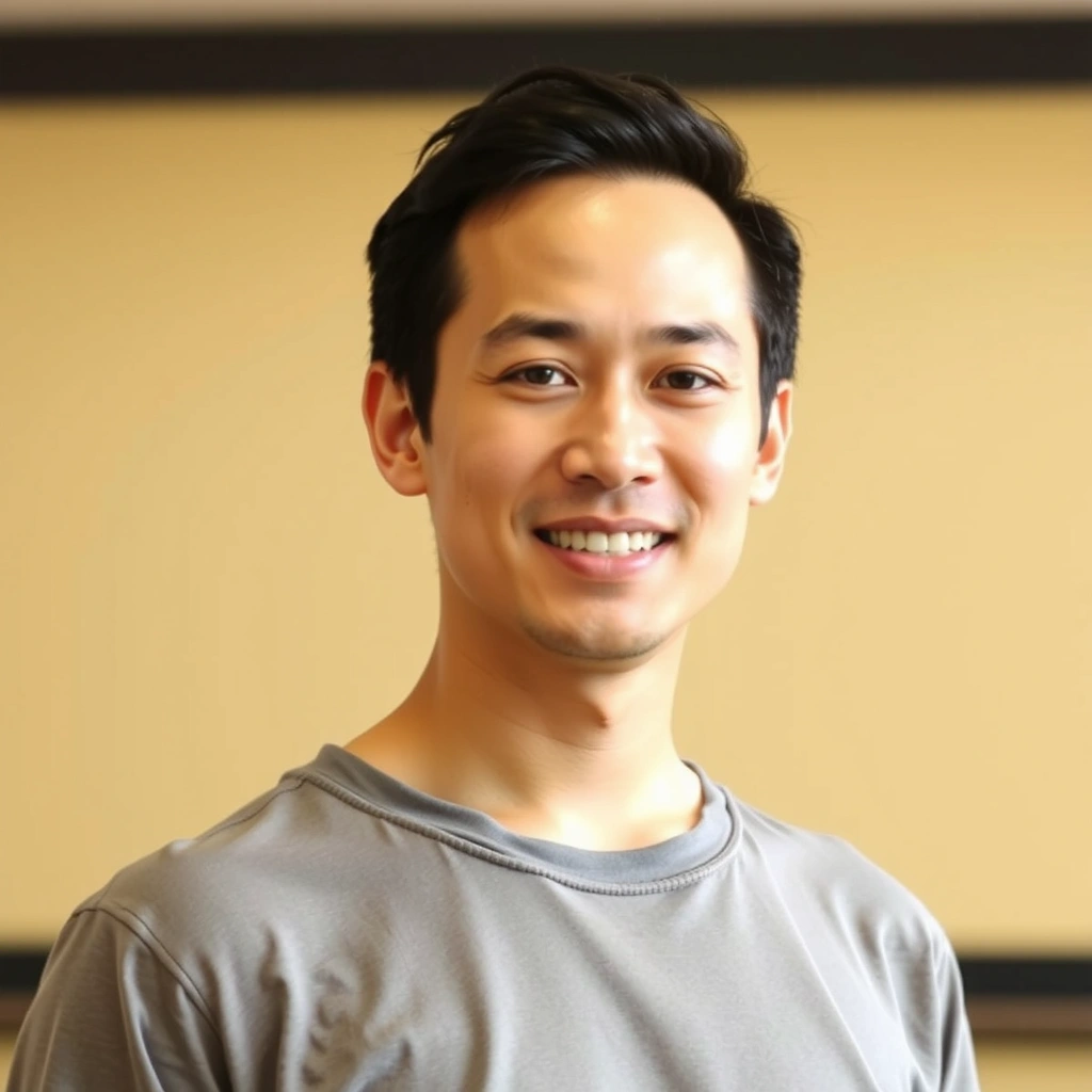 Professional portrait of David Chen, a calm and knowledgeable male yoga instructor, against a soft, blurred studio background.