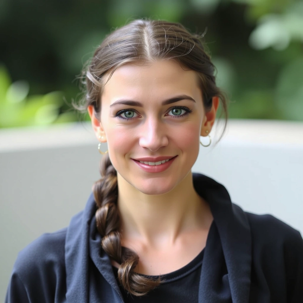 Professional portrait of Elena Petrova, a serene yoga instructor with a gentle smile, against a soft, blurred natural background.