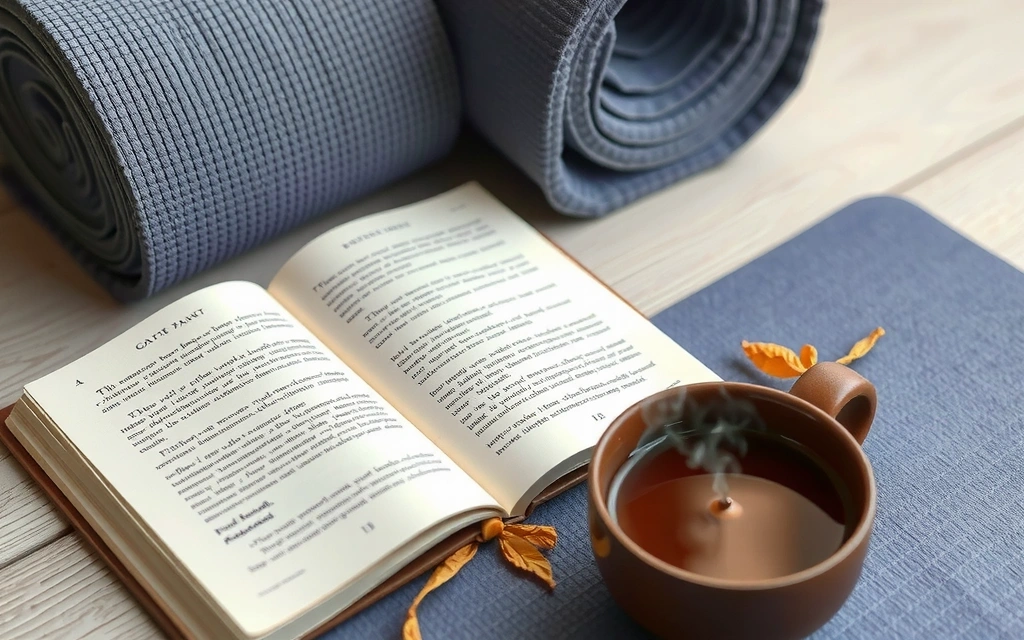Open book or journal next to a yoga mat with a cup of herbal tea, cozy and inviting atmosphere