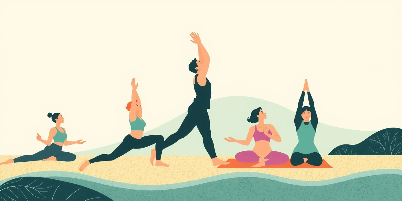 Abstract representation of different yoga styles, using natural elements and soft colors, no text.