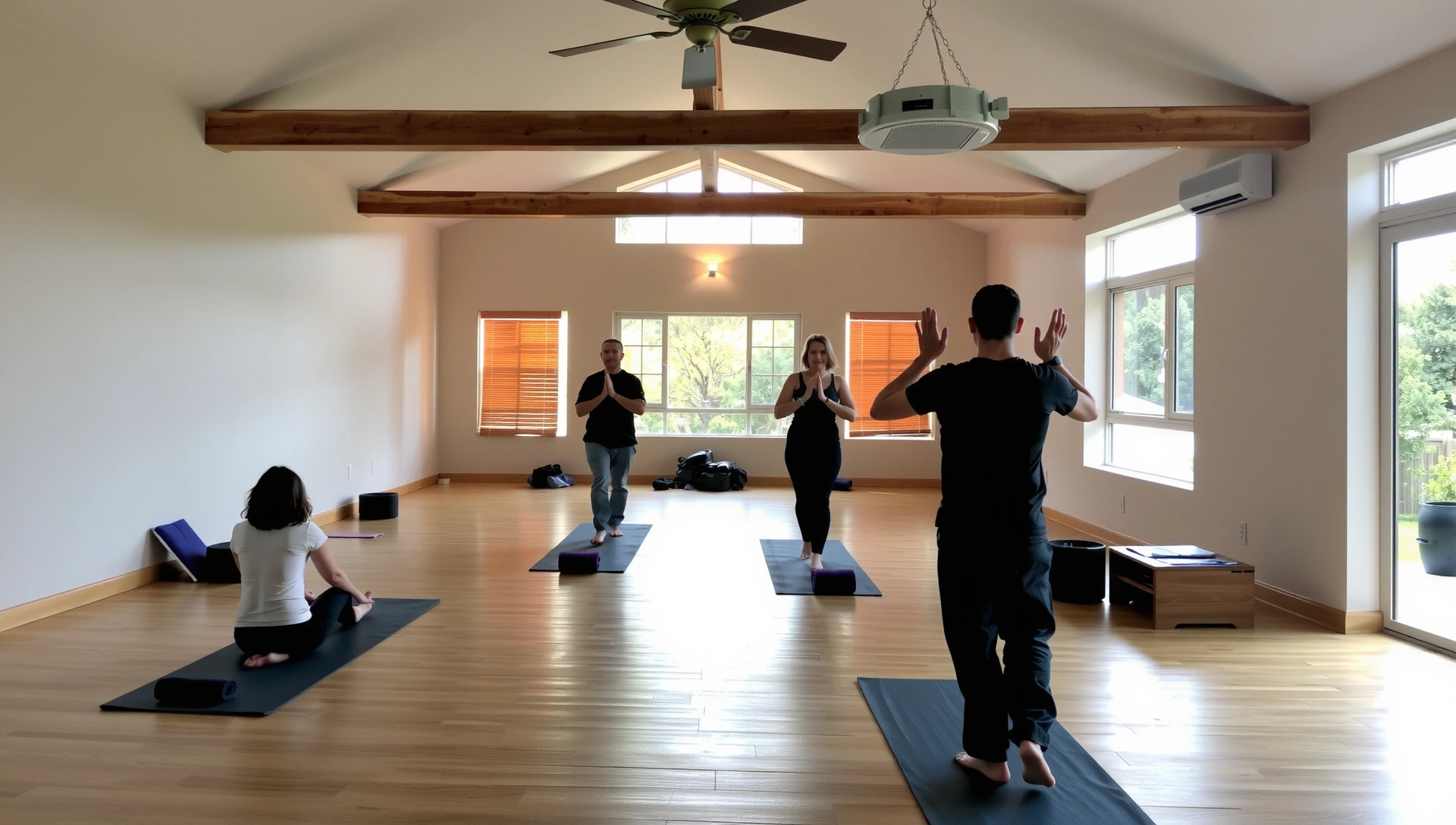 Serene yoga studio interior with soft natural light