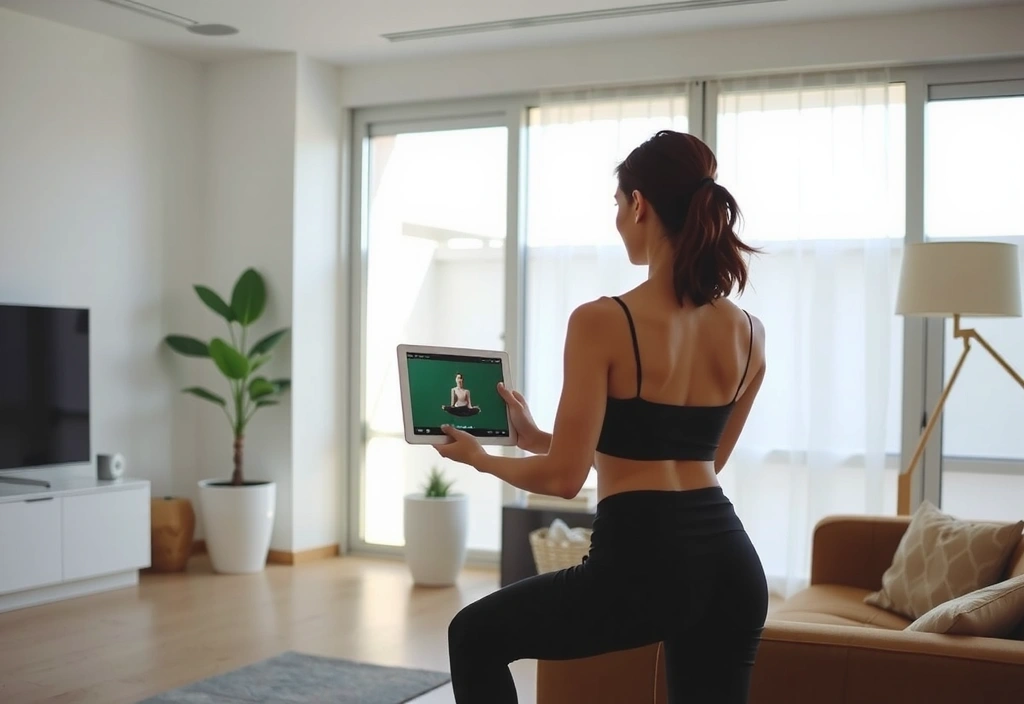 Person practicing yoga in a modern, clean home environment with a laptop or tablet, soft lighting.