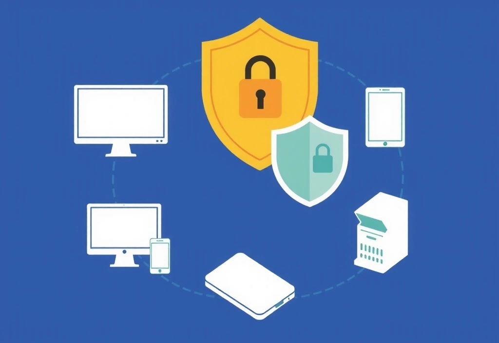 Illustration of secure data flow, showing encrypted information moving between devices, representing how Wellness Yoga Studio uses information responsibly.