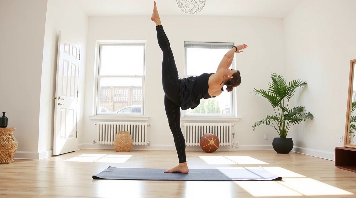 A yoga instructor demonstrating an arm balance pose in a bright studio.