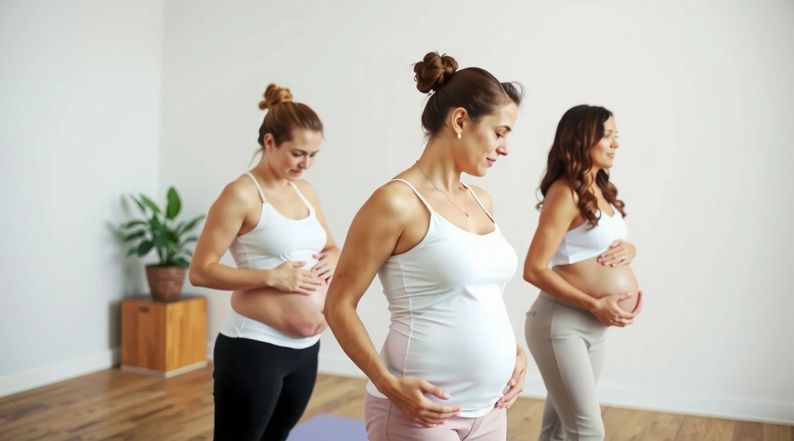 Instructor leading a prenatal yoga class with expectant mothers.